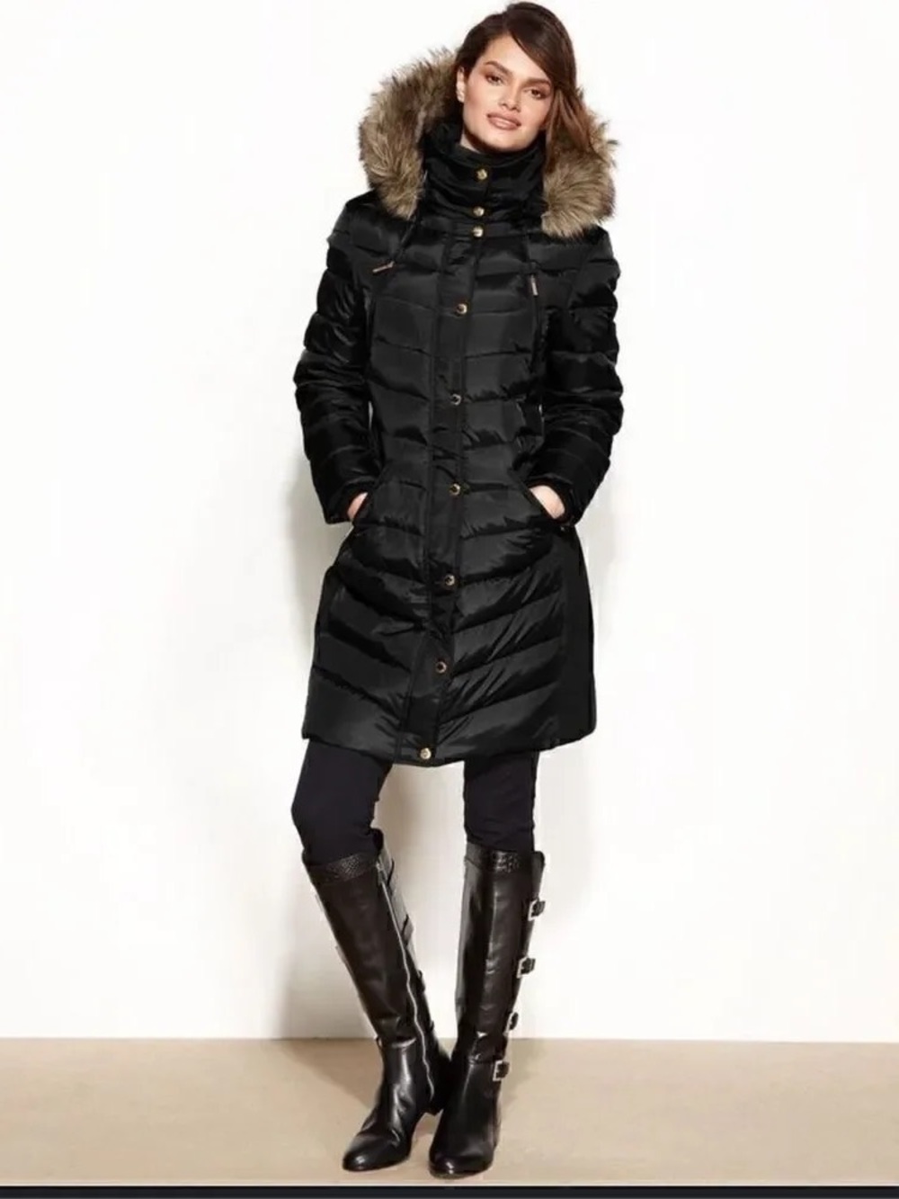 Michael Kors Black Quilted Hooded Puffer Coat with Faux-Fur Trim